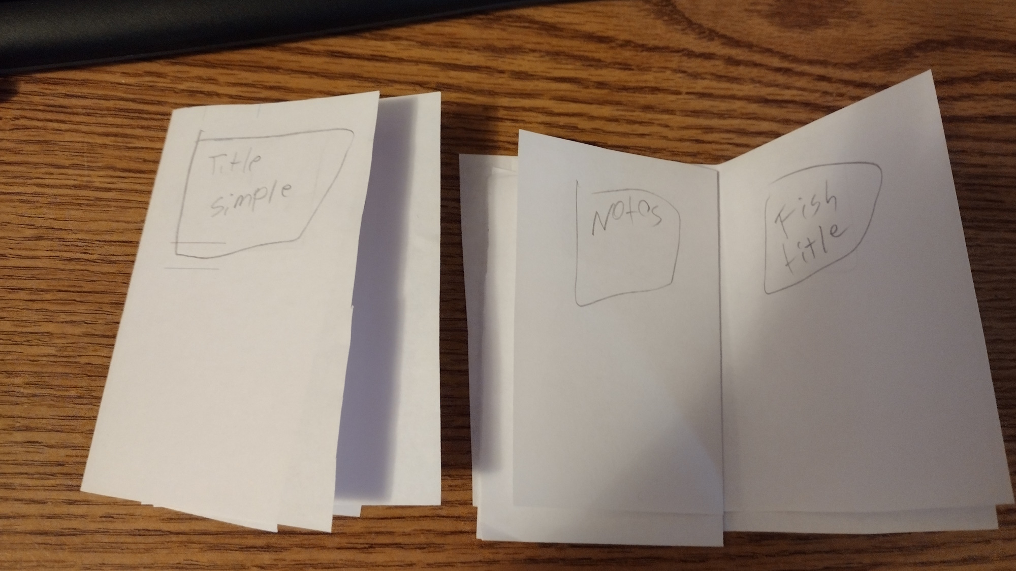 Two simple mockups of pages from the book, bearing simple words like Title and Notes