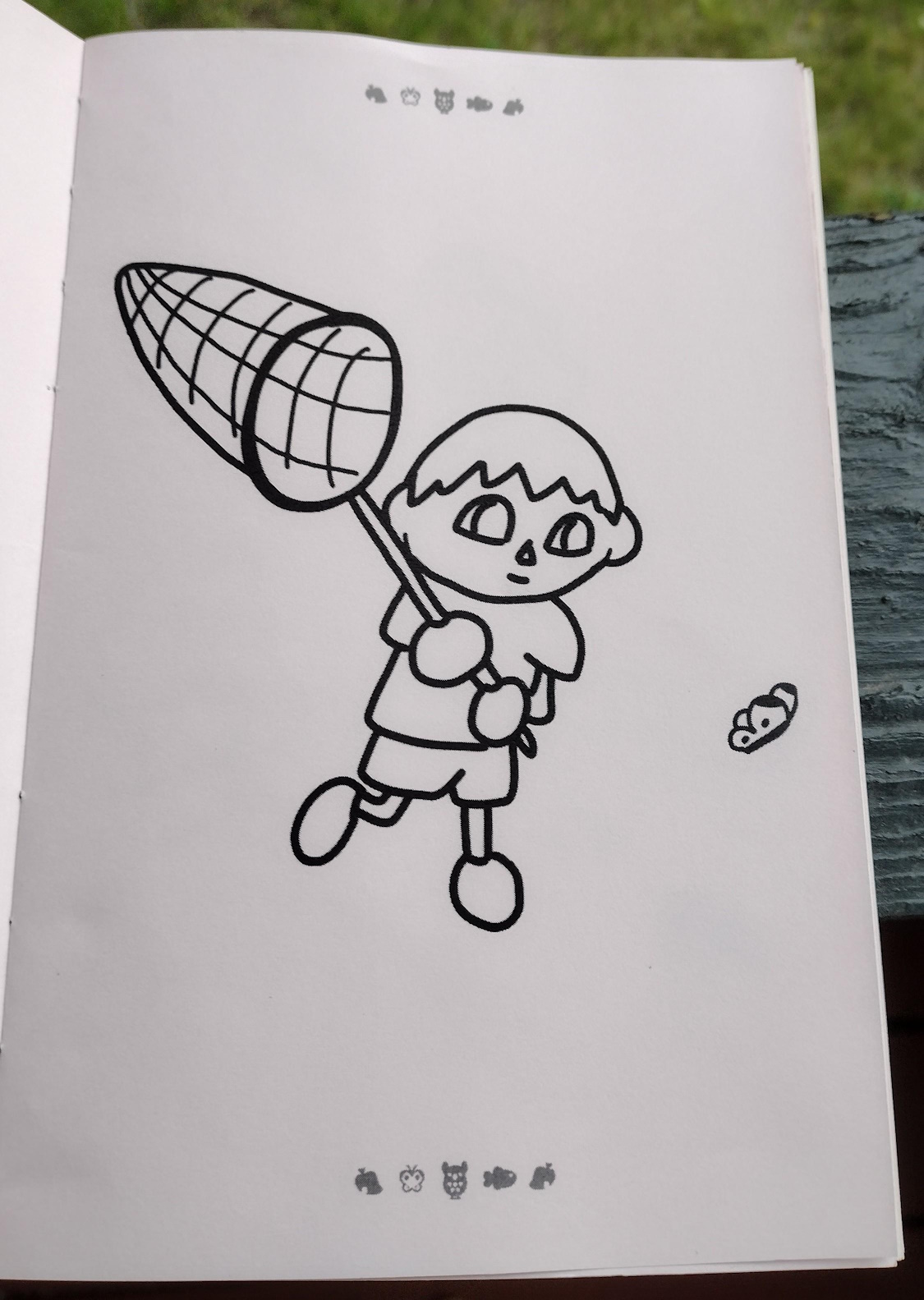 A line drawing of a player character chasing a butterfly with a net.